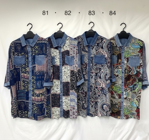 プリントデニムブラウス